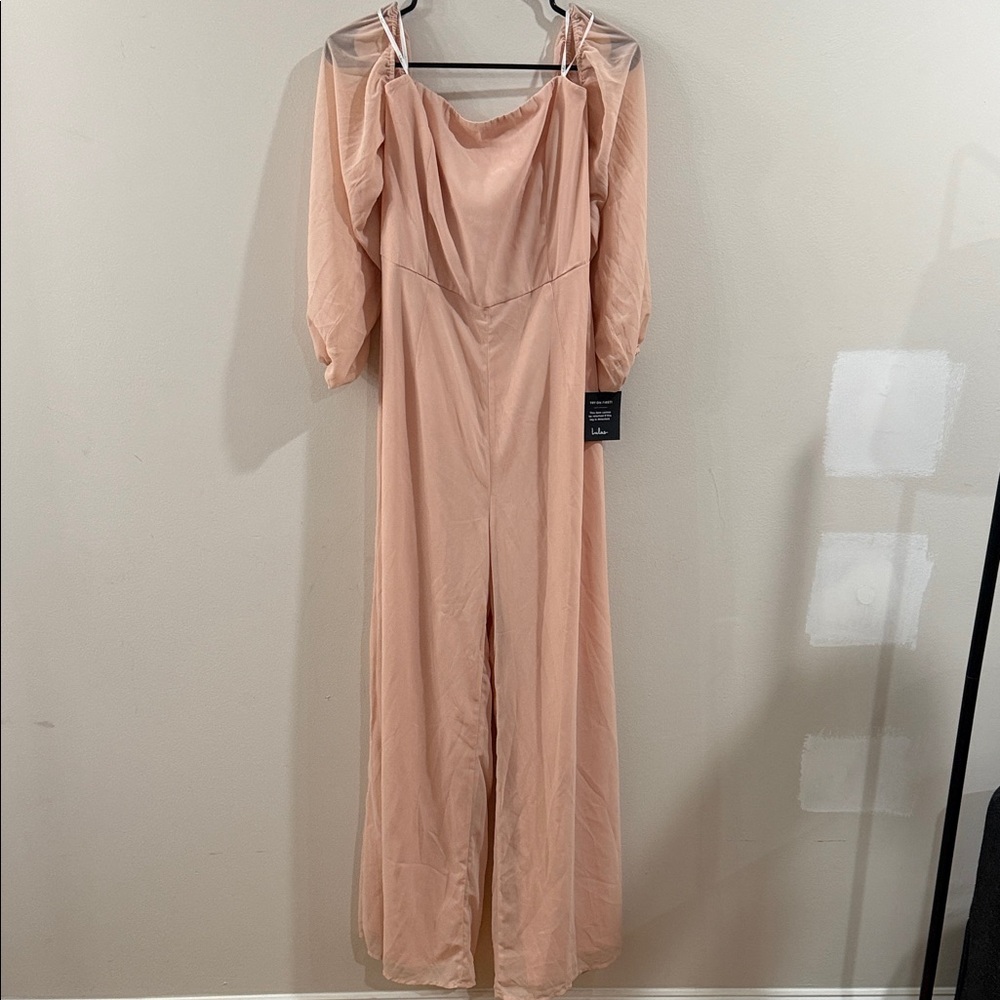 Lulu's Elegant Sheer Sleeve Jumpsuit in Peach